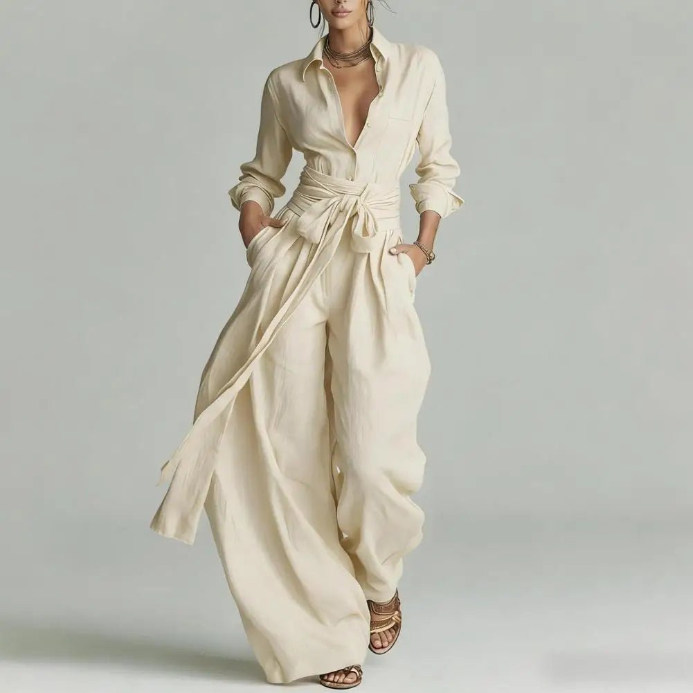 Women's Linen Wide-Leg High-Waist Self-Tie Co-Ord Pants Set - Apricot