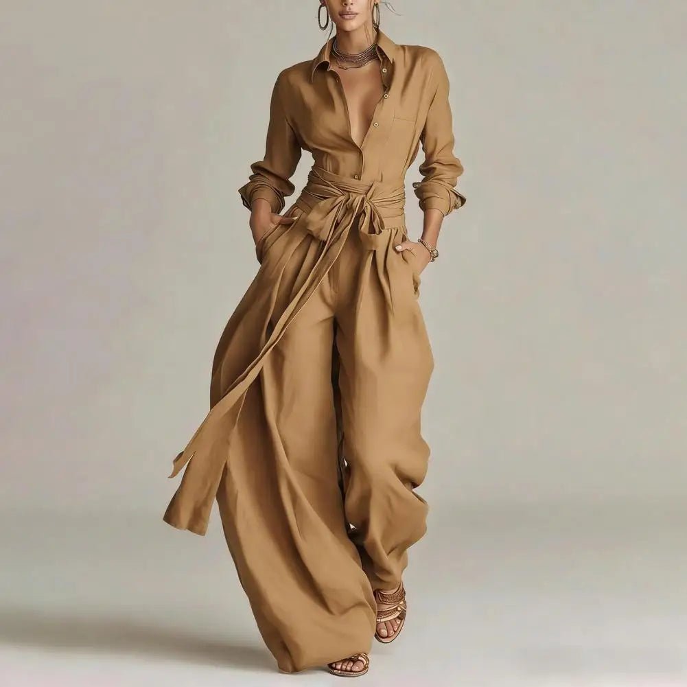 Women's Linen Wide-Leg High-Waist Self-Tie Co-Ord Pants Set - Khaki