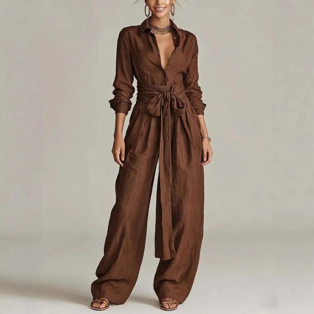 Women's Linen Wide-Leg High-Waist Self-Tie Co-Ord Pants Set - Coffee