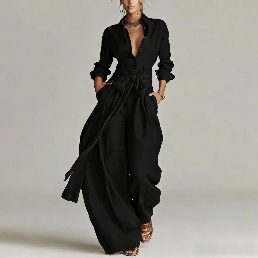 Women's Linen Wide-Leg High-Waist Self-Tie Co-Ord Pants Set - Black