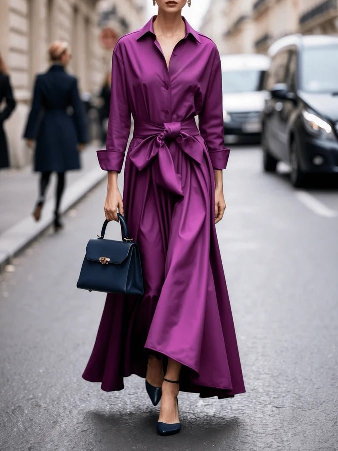 Women's Long-Sleeve Tie-Waist Shirt-Collar Flared Maxi Dress - Purple