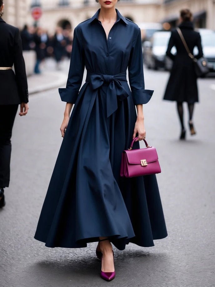 Women's Long-Sleeve Tie-Waist Shirt-Collar Flared Maxi Dress - Navy