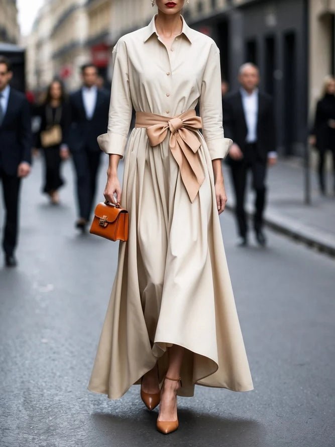 Women's Long-Sleeve Tie-Waist Shirt-Collar Flared Maxi Dress - Beige