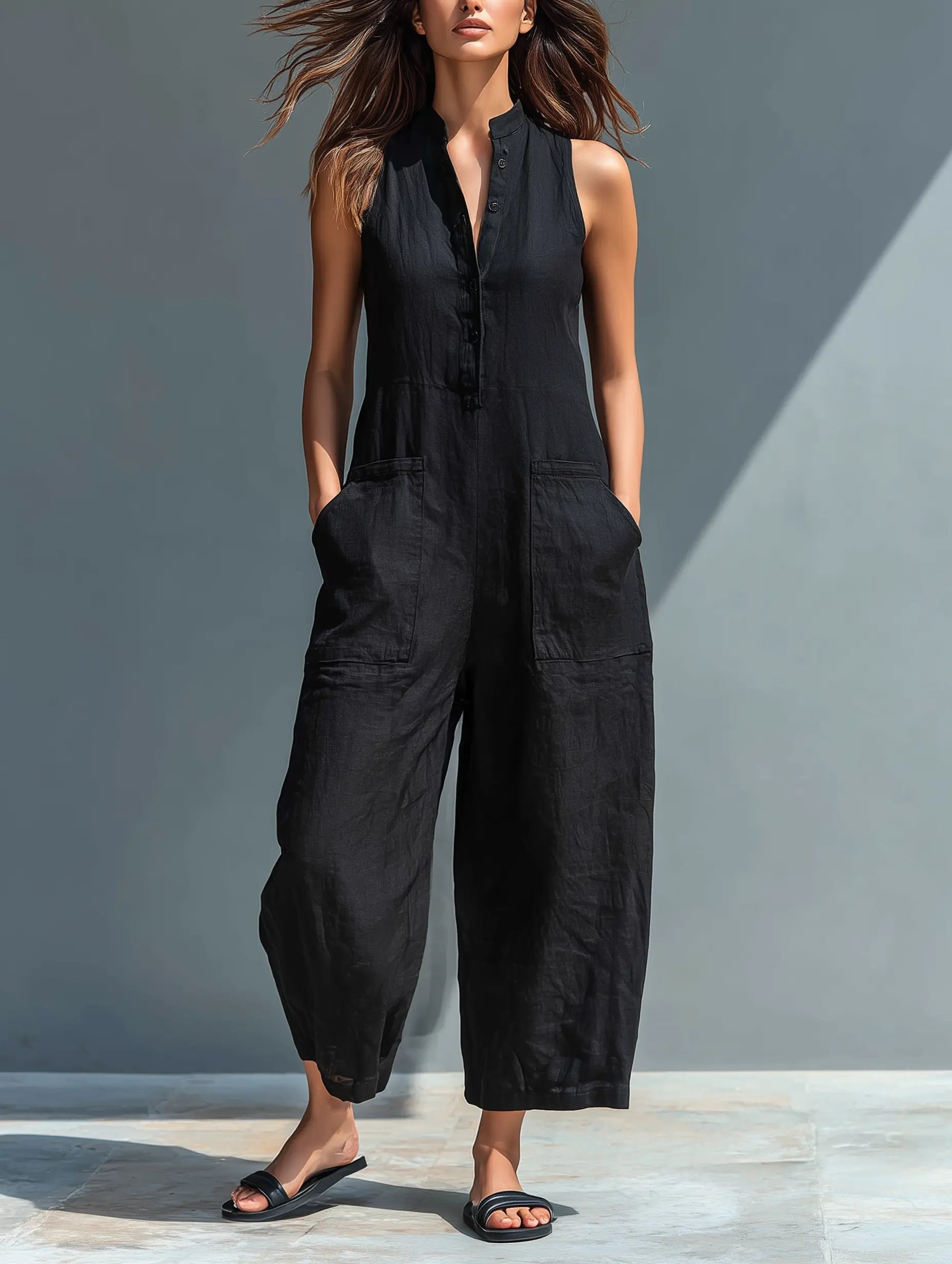 Women's Loose-Fit Linen Blend Sleeveless Stand-Collar Jumpsuit - Black