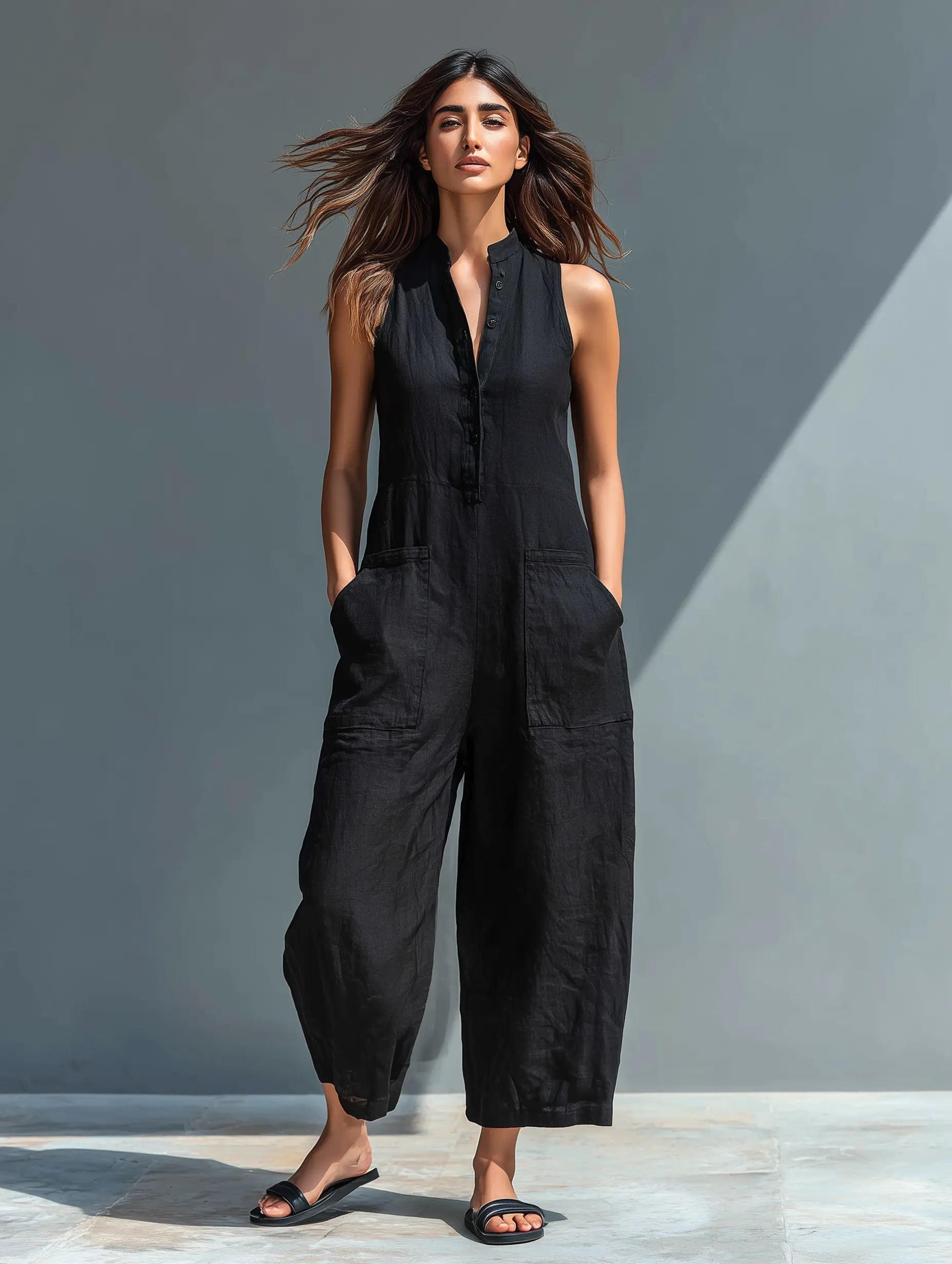Women's Loose-Fit Linen Blend Sleeveless Stand-Collar Jumpsuit