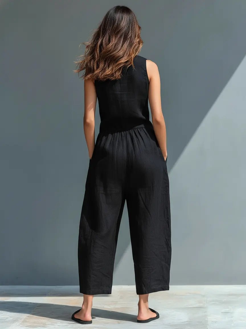 Women's Loose-Fit Linen Blend Sleeveless Stand-Collar Jumpsuit