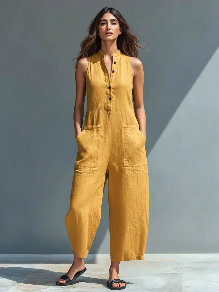 Women's Loose-Fit Linen Blend Sleeveless Stand-Collar Jumpsuit - Yellow