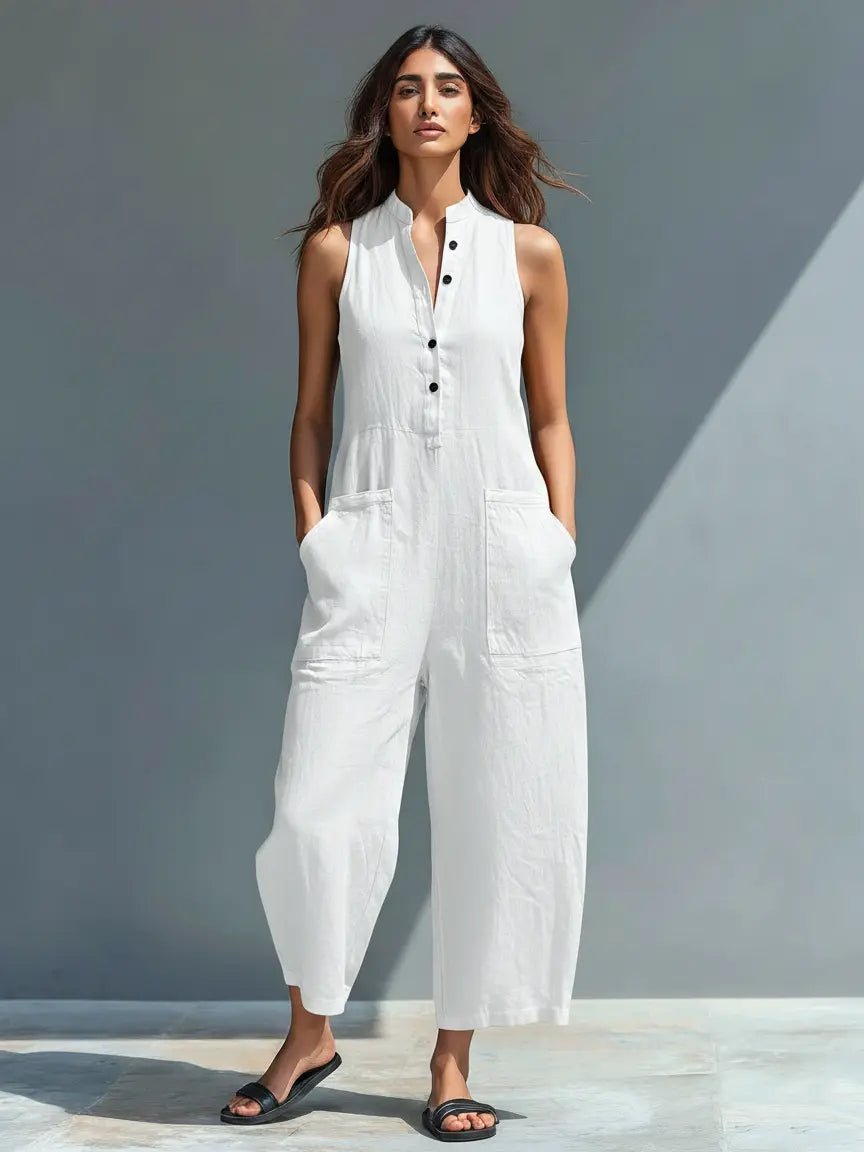 Women's Loose-Fit Linen Blend Sleeveless Stand-Collar Jumpsuit - White
