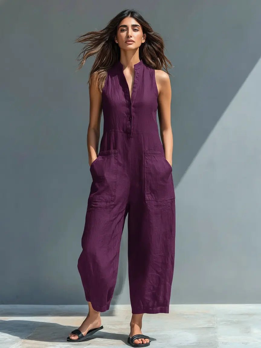 Women's Loose-Fit Linen Blend Sleeveless Stand-Collar Jumpsuit - Purple