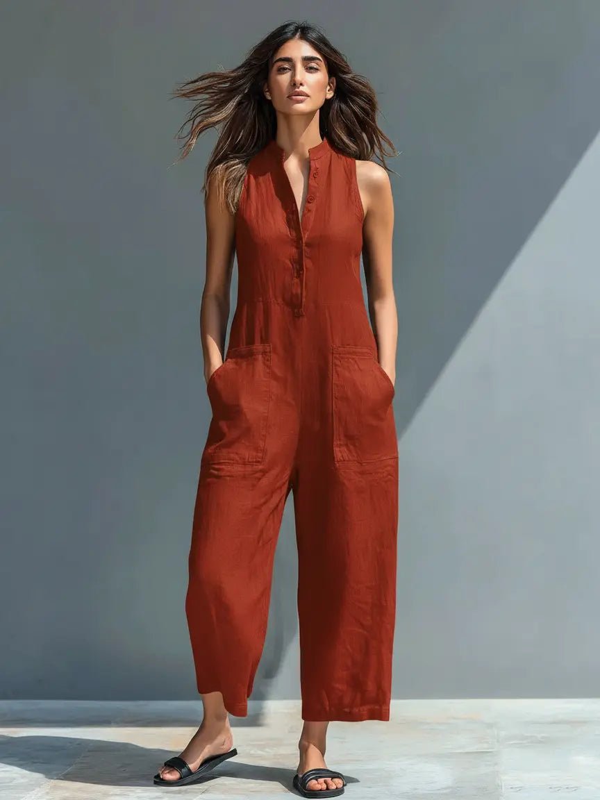 Women's Loose-Fit Linen Blend Sleeveless Stand-Collar Jumpsuit - Rust Red