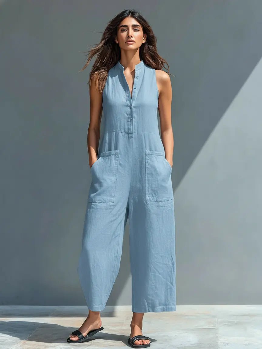 Women's Loose-Fit Linen Blend Sleeveless Stand-Collar Jumpsuit - Blue