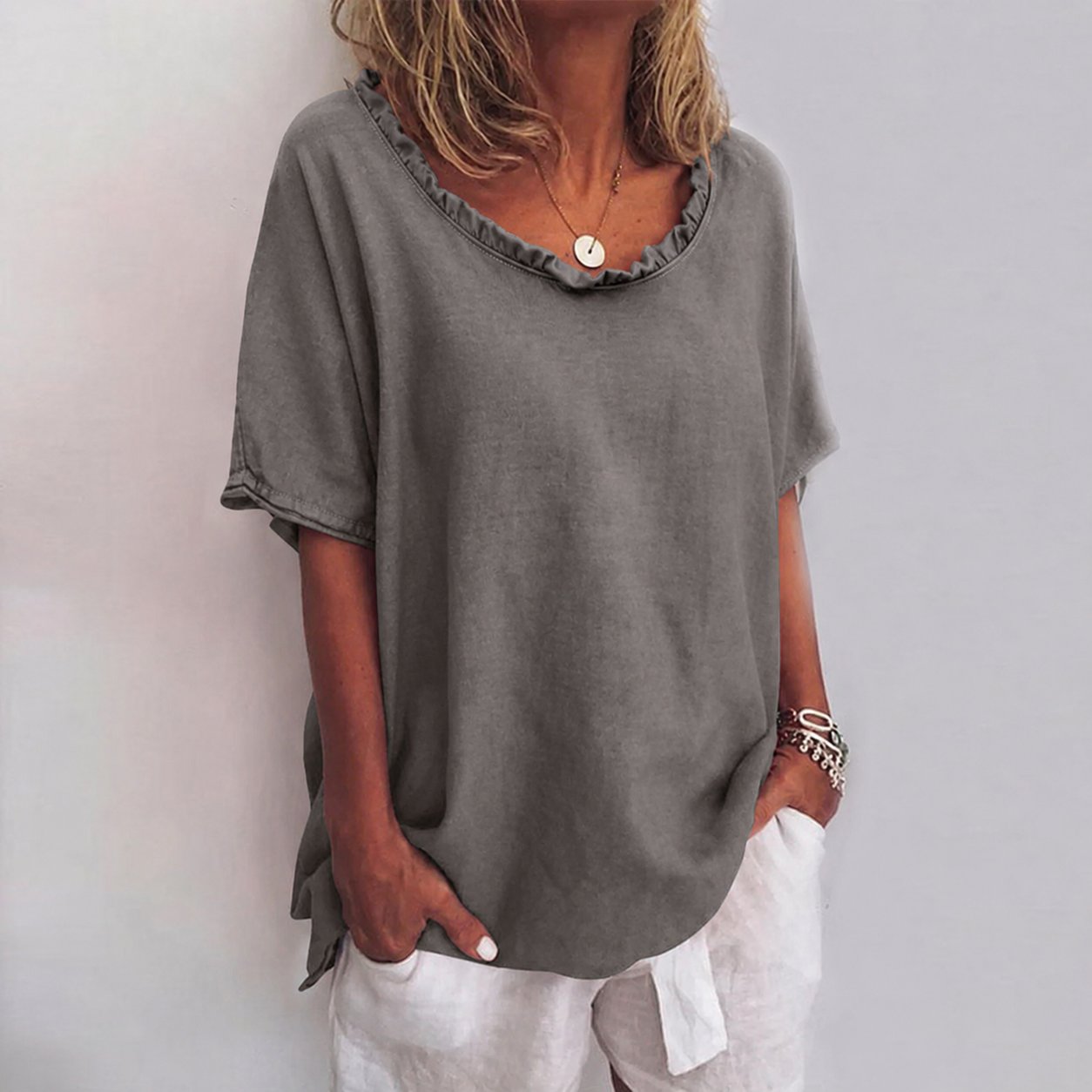 Women's Loose Ruffle-Neck Short-Sleeve Linen Blouse - Dark Gray
