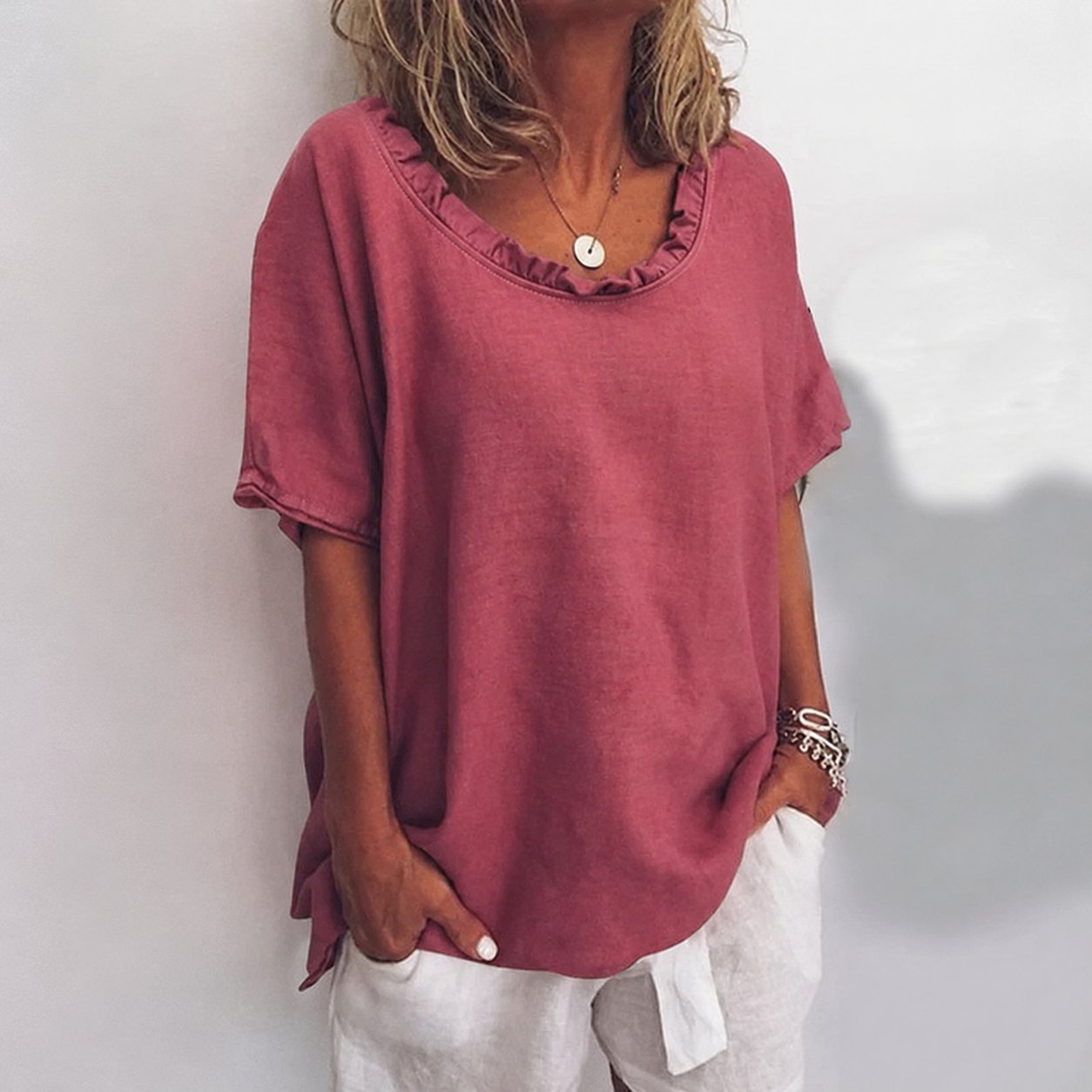 Women's Loose Ruffle-Neck Short-Sleeve Linen Blouse - Dark Pink