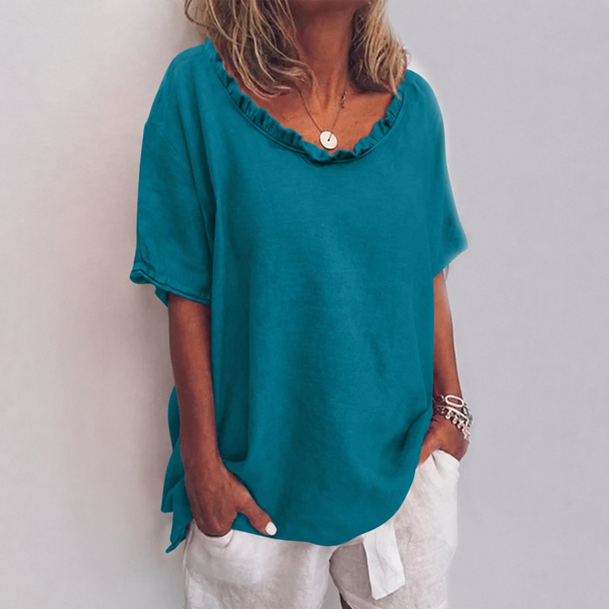 Women's Loose Ruffle-Neck Short-Sleeve Linen Blouse - Sea Blue