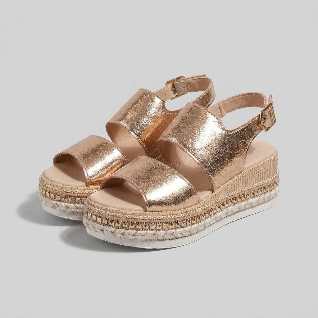 Women's Metallic Open-Toe Espadrille Platform Sandals Ankle-Strap - GOLD