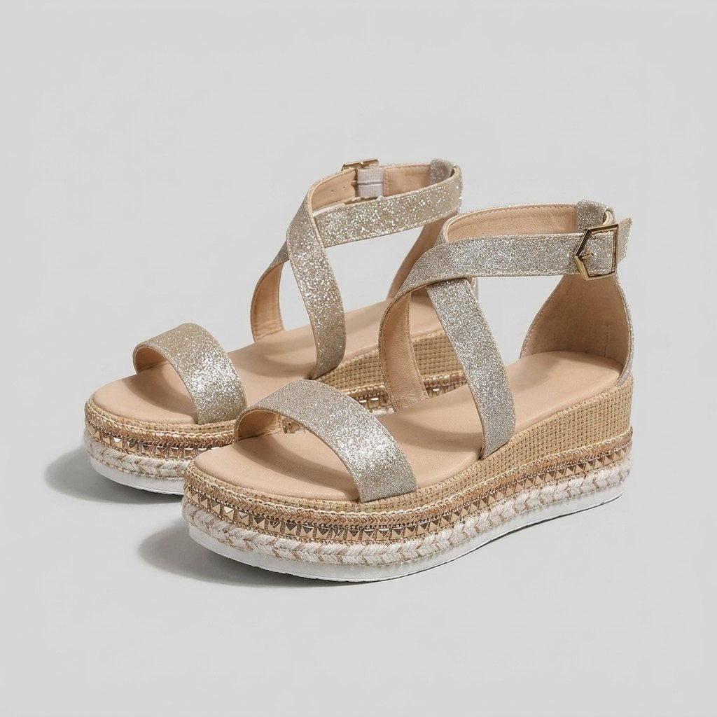 Women's Metallic Open-Toe Espadrille Platform Sandals Ankle-Strap - Silver