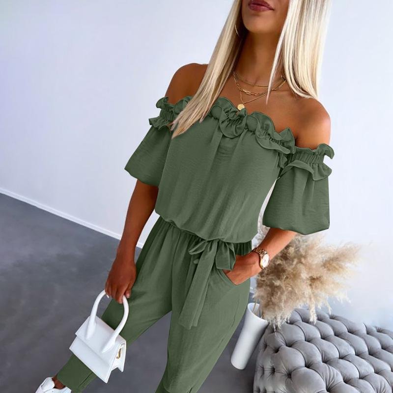 Women's Off-Shoulder Frill Tie-Waist Casual Jumpsuit - Army Green