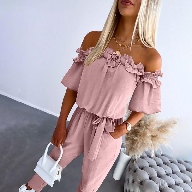 Women's Off-Shoulder Frill Tie-Waist Casual Jumpsuit - Pink