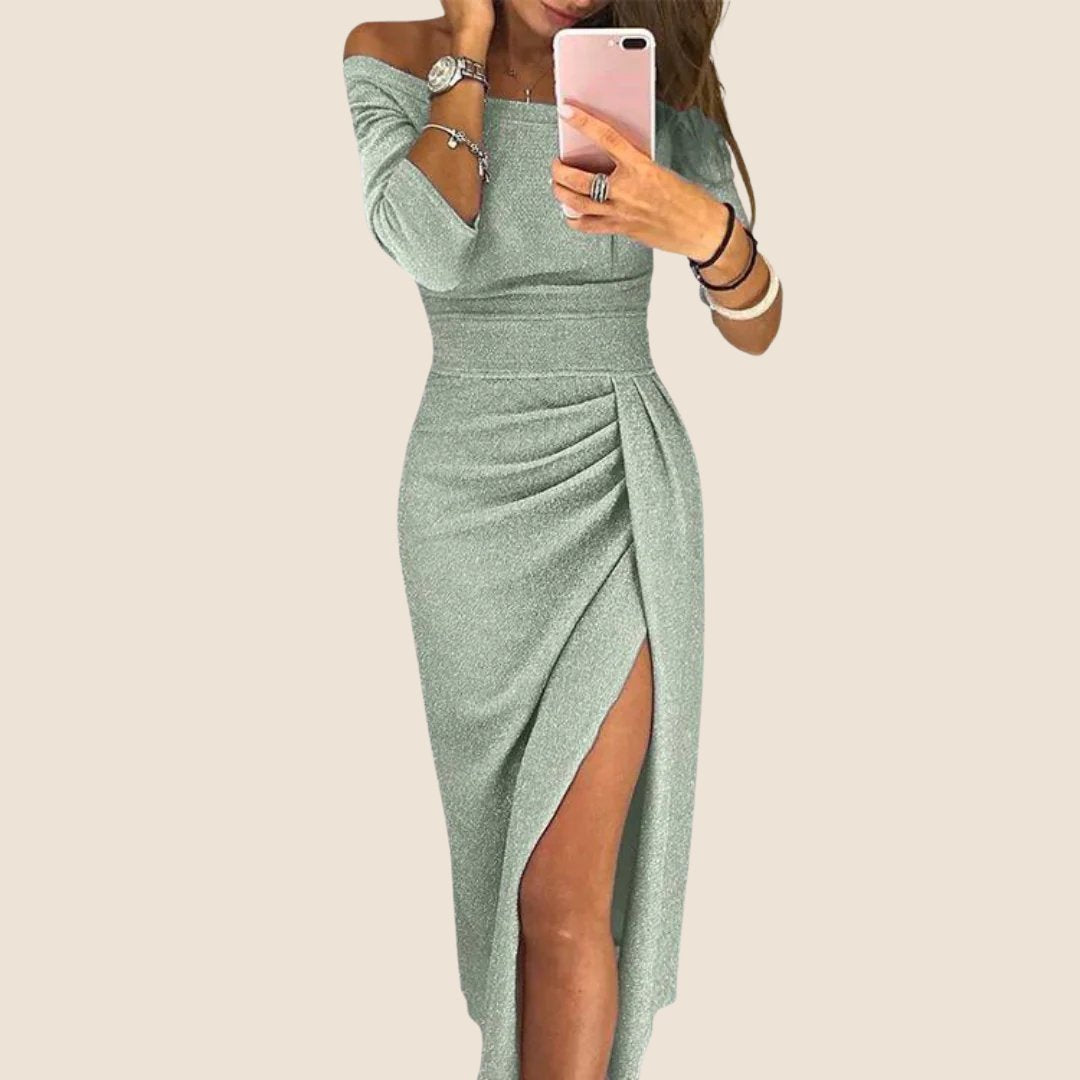 Women's Off-Shoulder Long-Sleeve Ruched Midi Dress Side Slit - Silver Green