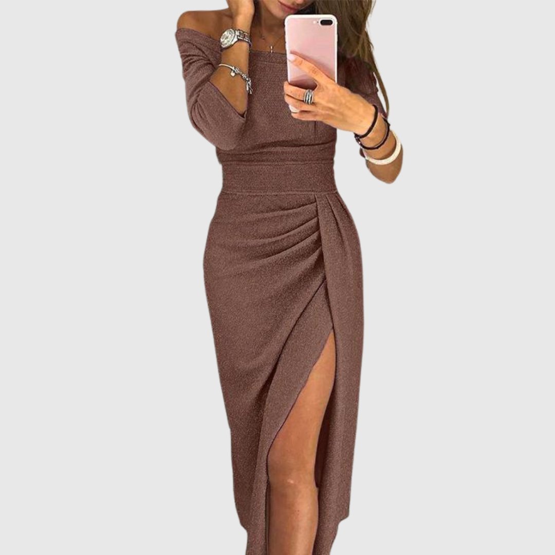 Women's Off-Shoulder Long-Sleeve Ruched Midi Dress Side Slit - Brown