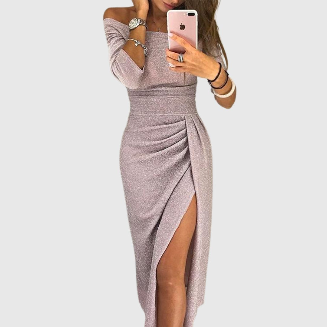 Women's Off-Shoulder Long-Sleeve Ruched Midi Dress Side Slit - Pink
