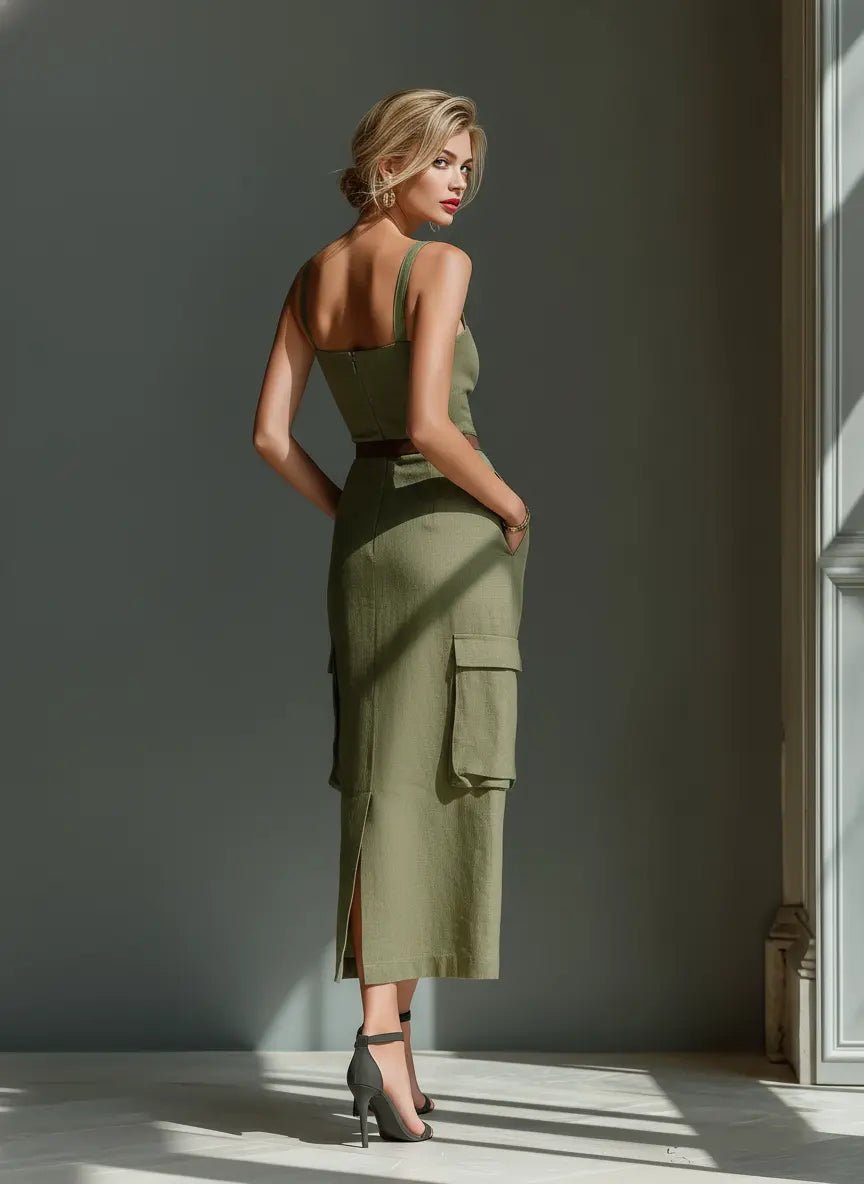 Women's Olive Linen Belted Cargo-Pocket Midi Dress