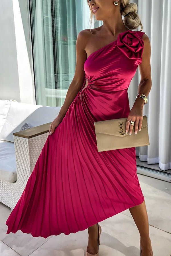 Women's One-Shoulder Pleated Midi Dress Rosette Detail - Red