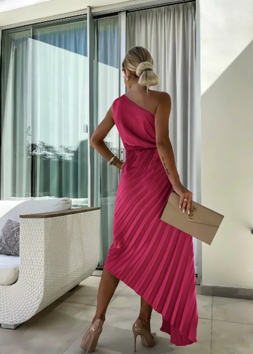 Women's One-Shoulder Pleated Midi Dress Rosette Detail