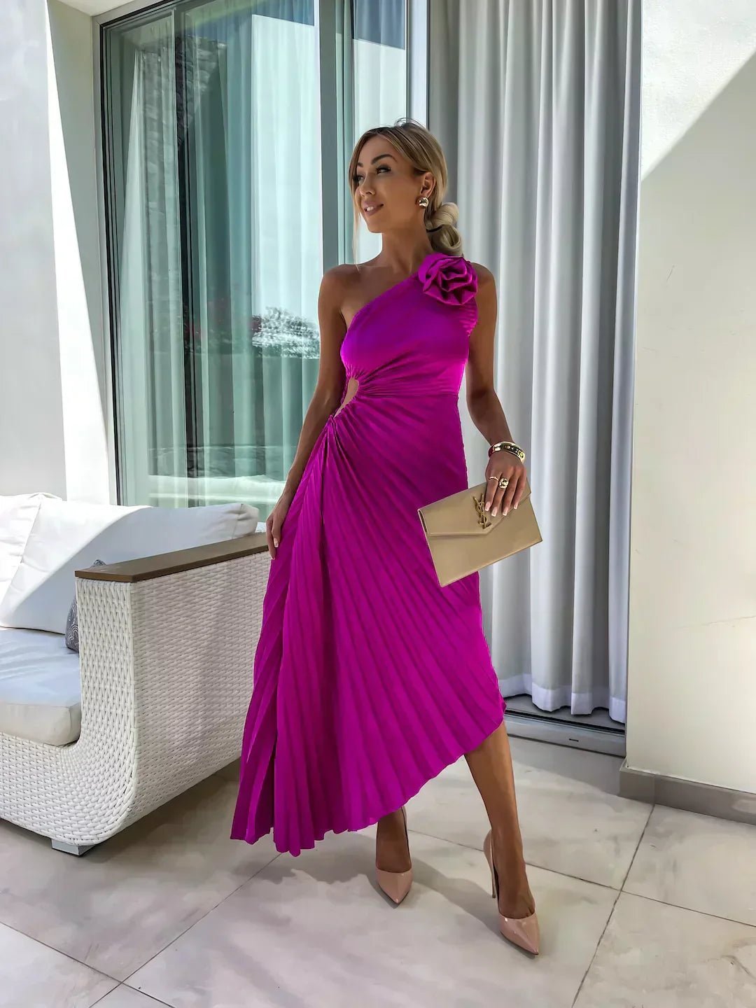 Women's One-Shoulder Pleated Midi Dress Rosette Detail - Purple