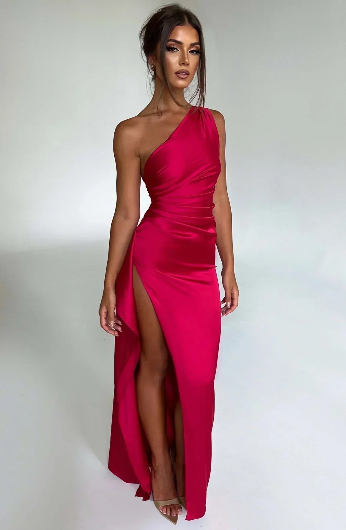 Women's One-Shoulder Satin Maxi Dress High-Slit Formal Evening Gown - Red