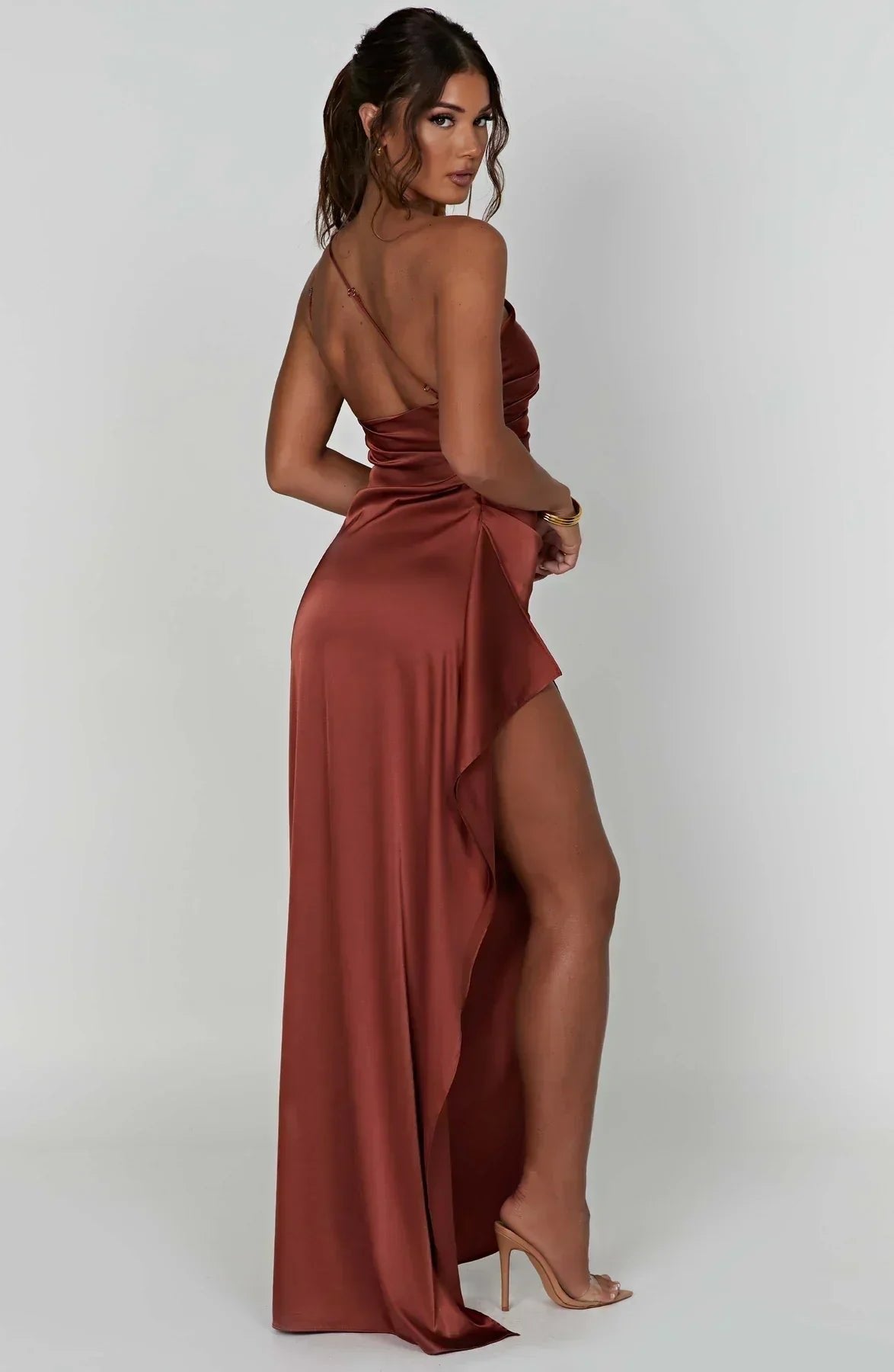 Women's One-Shoulder Satin Maxi Dress High-Slit Formal Evening Gown