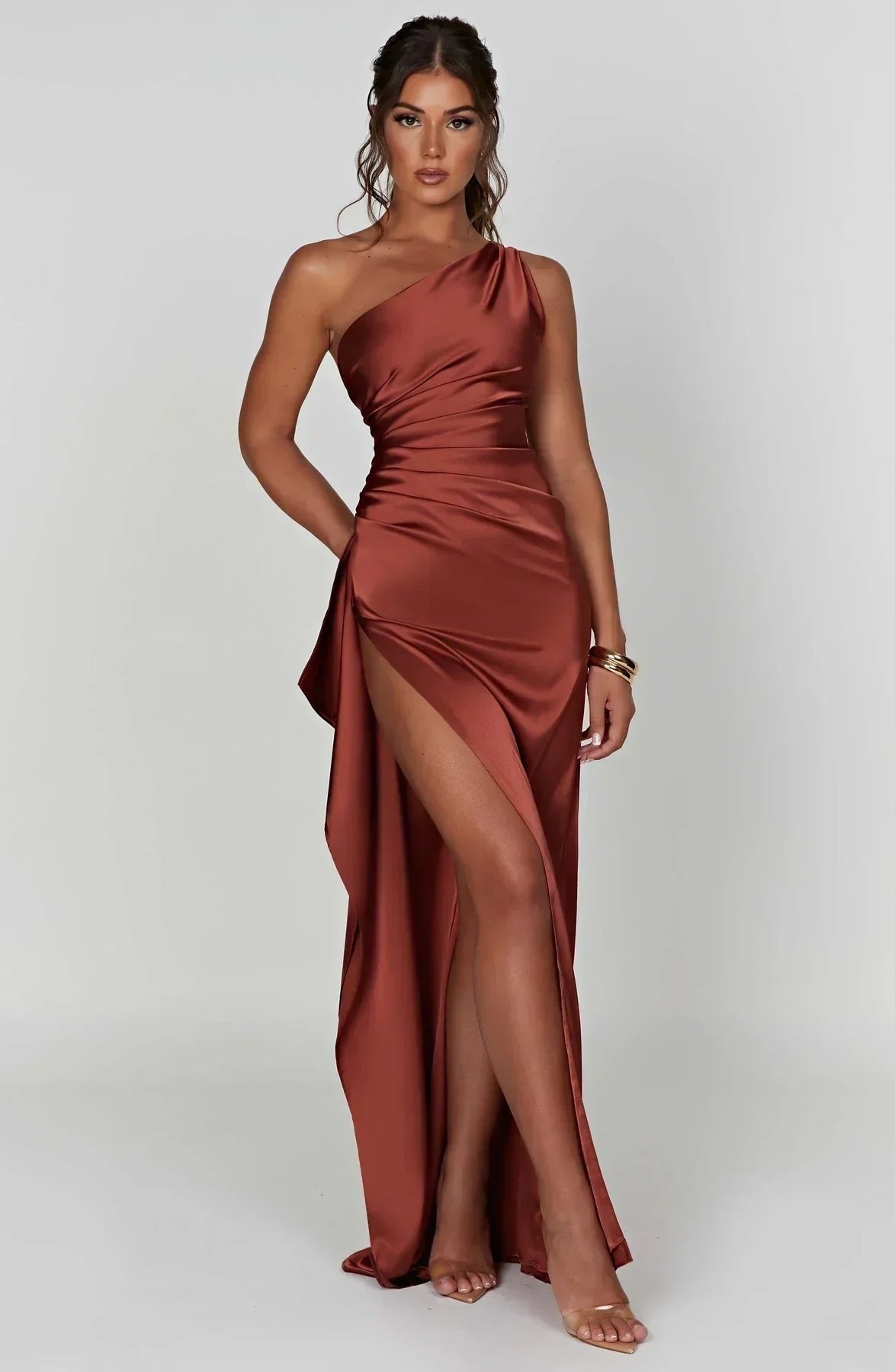 Women's One-Shoulder Satin Maxi Dress High-Slit Formal Evening Gown - Rust Brown