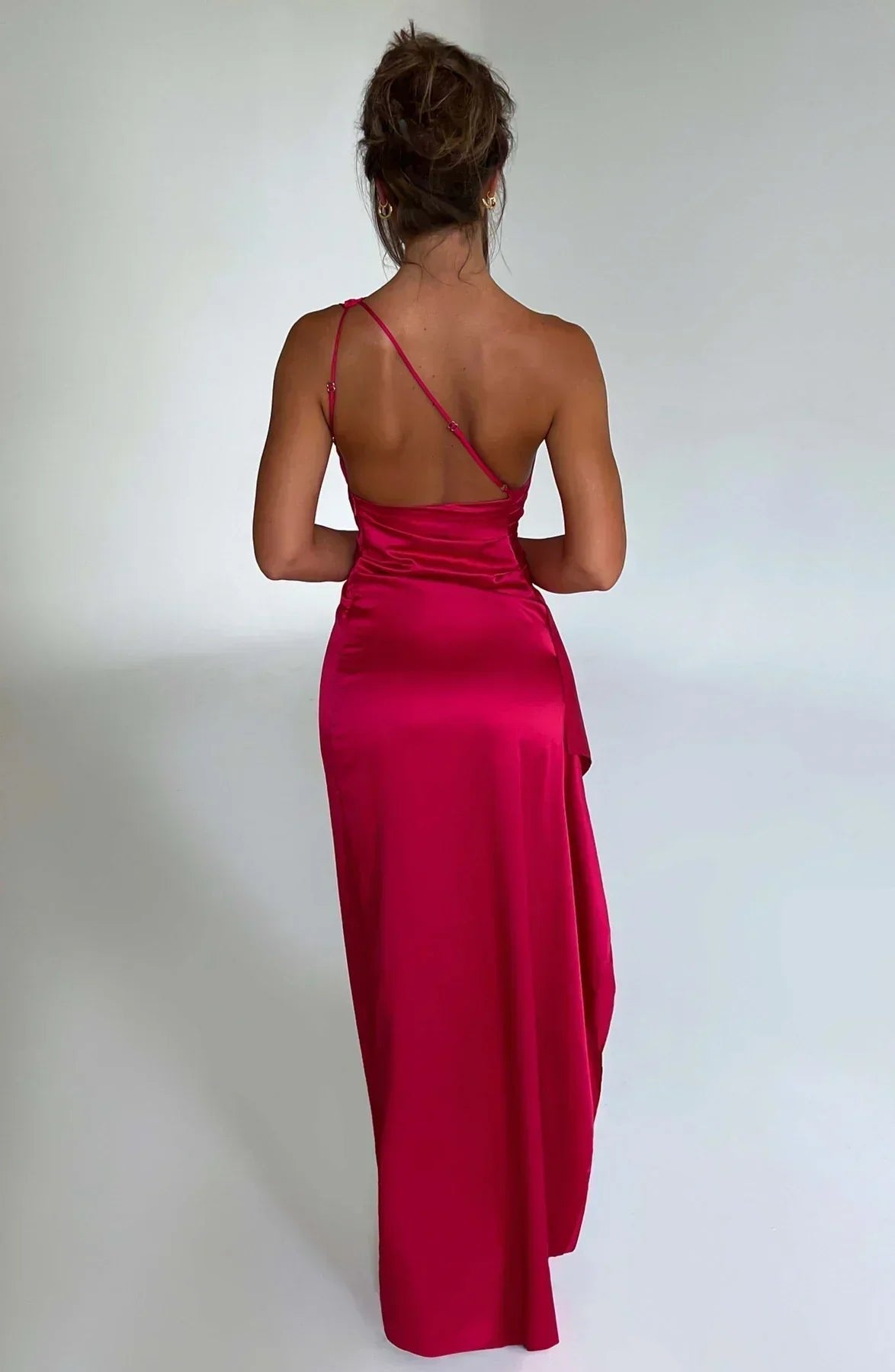Women's One-Shoulder Satin Maxi Dress High-Slit Formal Evening Gown