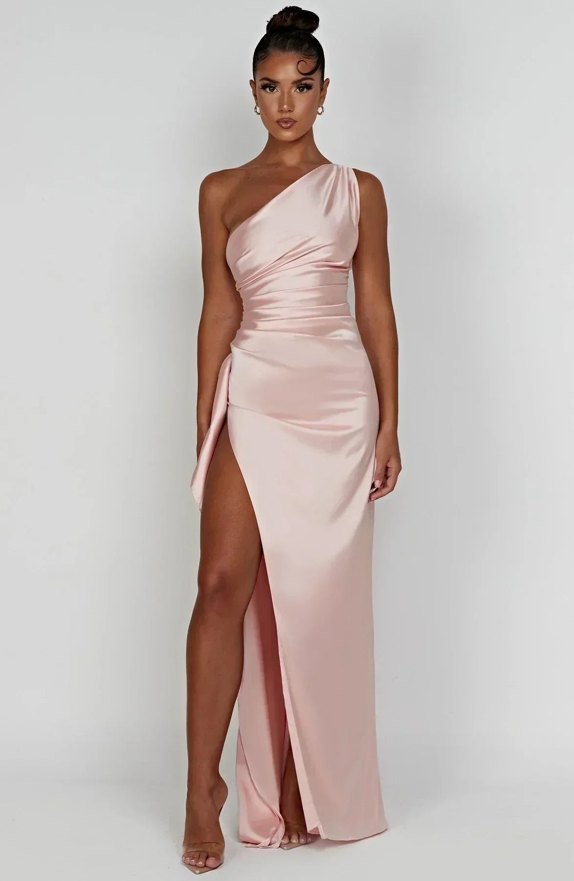 Women's One-Shoulder Satin Maxi Dress High-Slit Formal Evening Gown - Pink