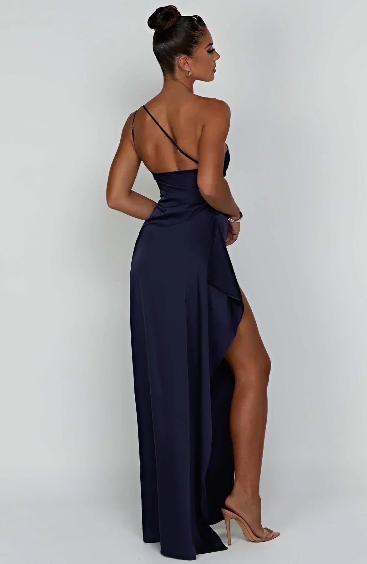 Women's One-Shoulder Satin Maxi Dress High-Slit Formal Evening Gown