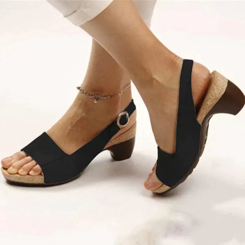 Women's Open-Toe Block Heel Slingback Sandals Adjustable Buckle - Black