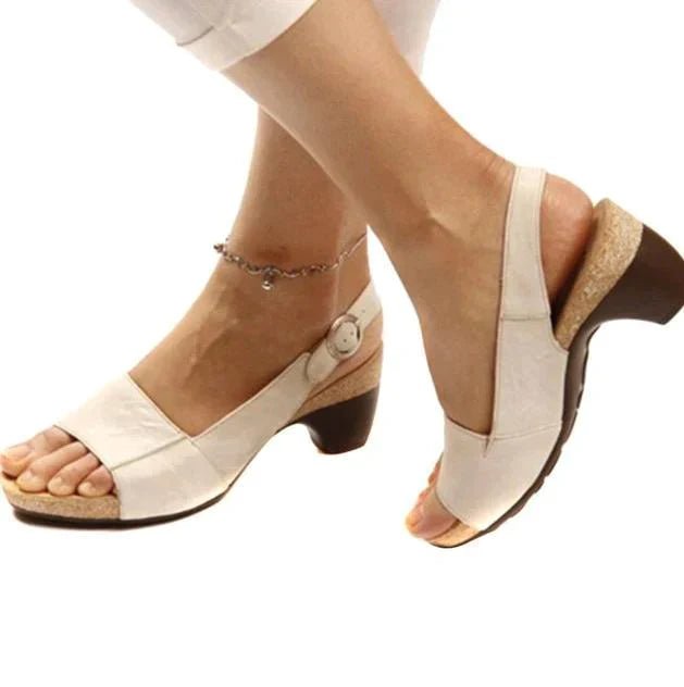 Women's Open-Toe Block Heel Slingback Sandals Adjustable Buckle - Beige