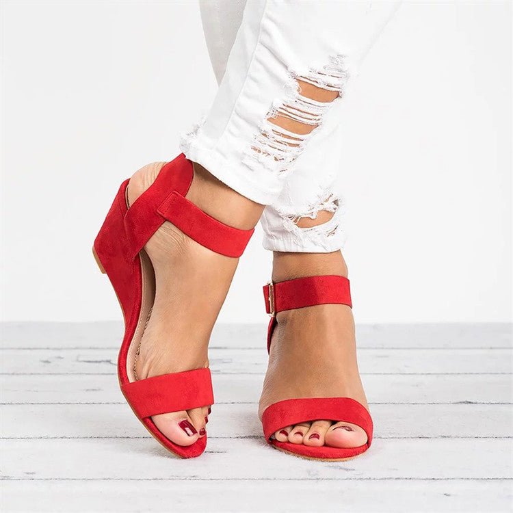 Women's Open-Toe Wedge Ankle-Strap Buckle Sandals - Red