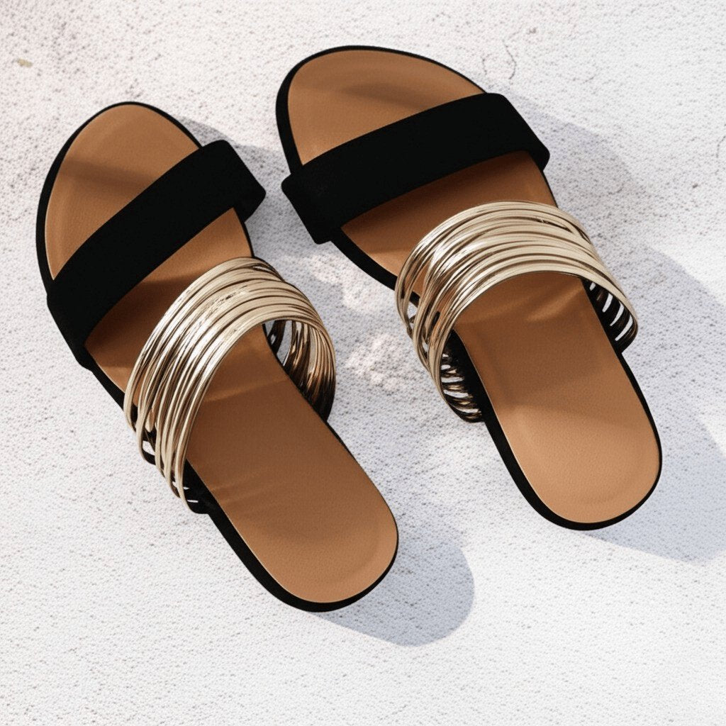 Women's Orthopedic Cushioned Slip-On Flat Sandals Gold Multi-Strap