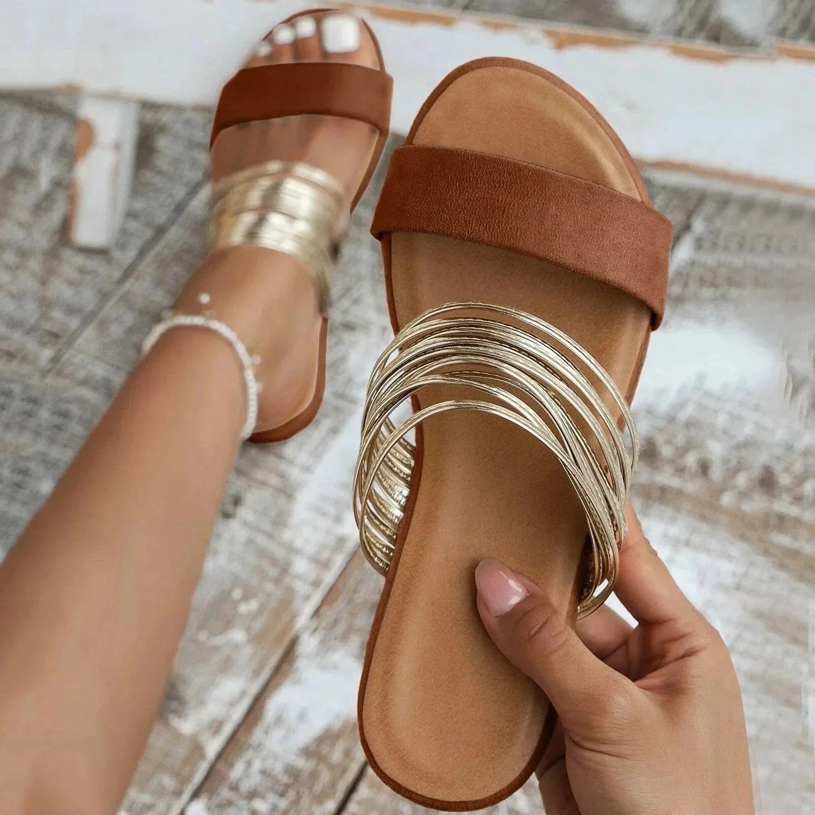 Women's Orthopedic Cushioned Slip-On Flat Sandals Gold Multi-Strap - Chestnut Brown