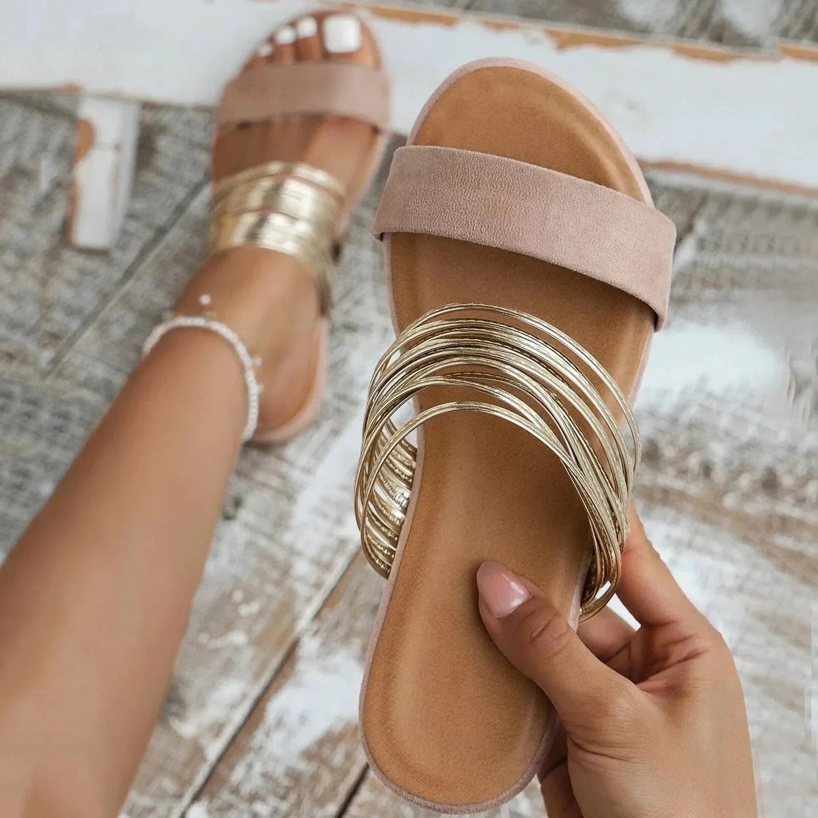 Women's Orthopedic Cushioned Slip-On Flat Sandals Gold Multi-Strap - Khaki