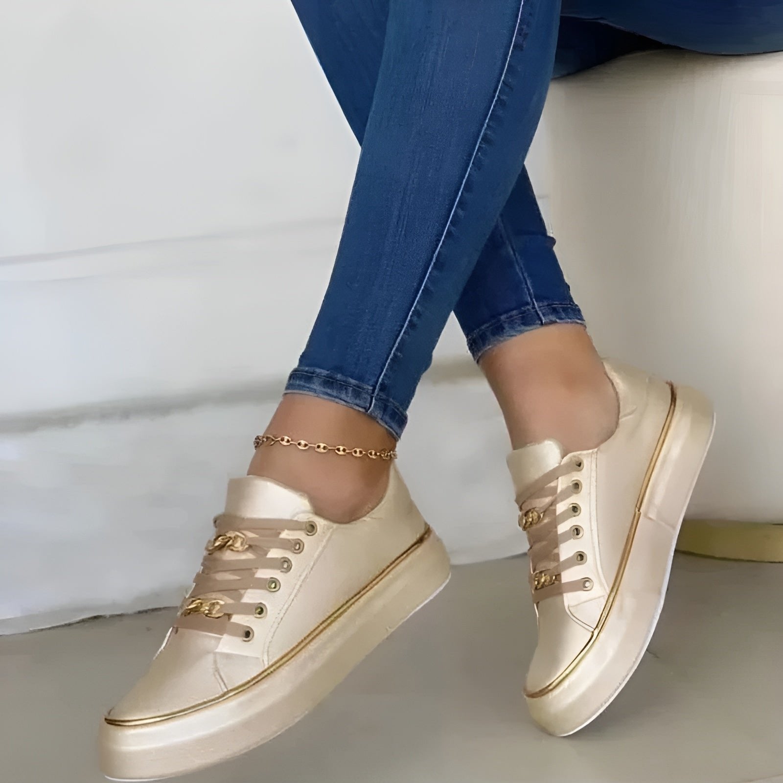 Women's Orthopedic Gold-Accent Lace-Up Platform Sneakers - Gold