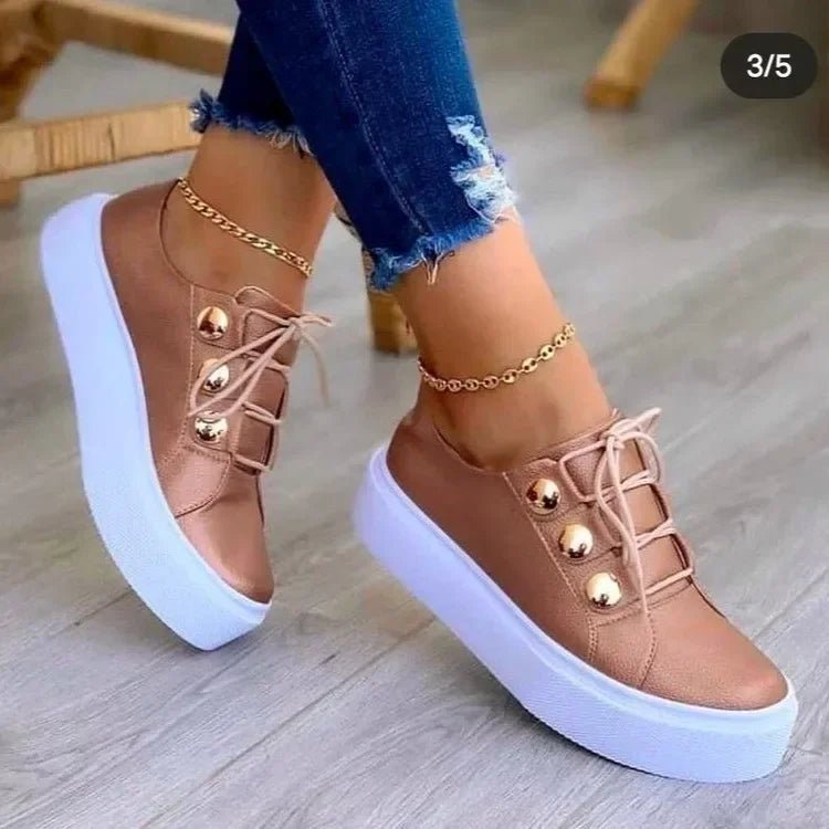 Women's Orthopedic Round-Toe Gold-Stud Platform Sneakers - Rose Gold