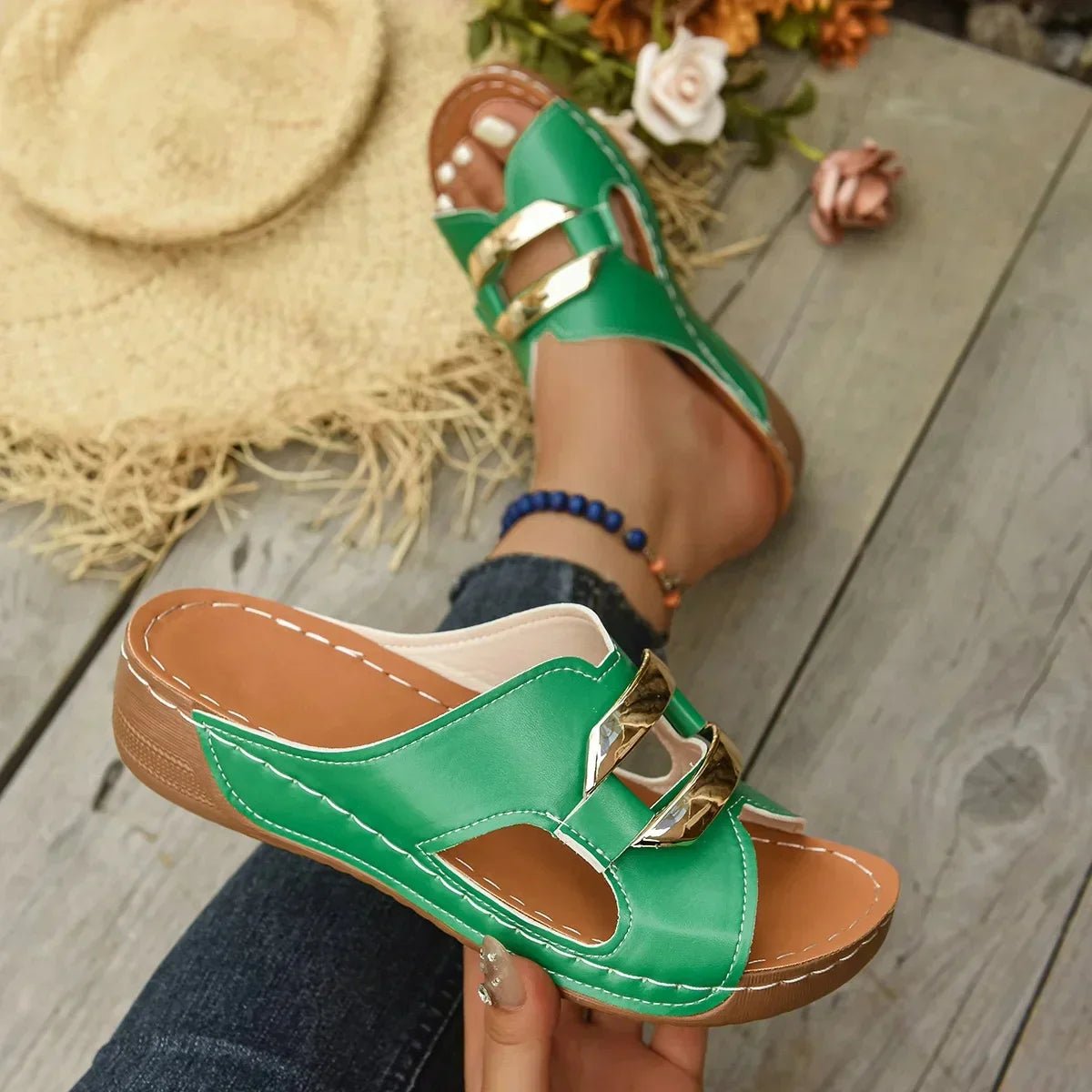Women's Orthopedic Wedge Slip-On Cutout Sandals - Green