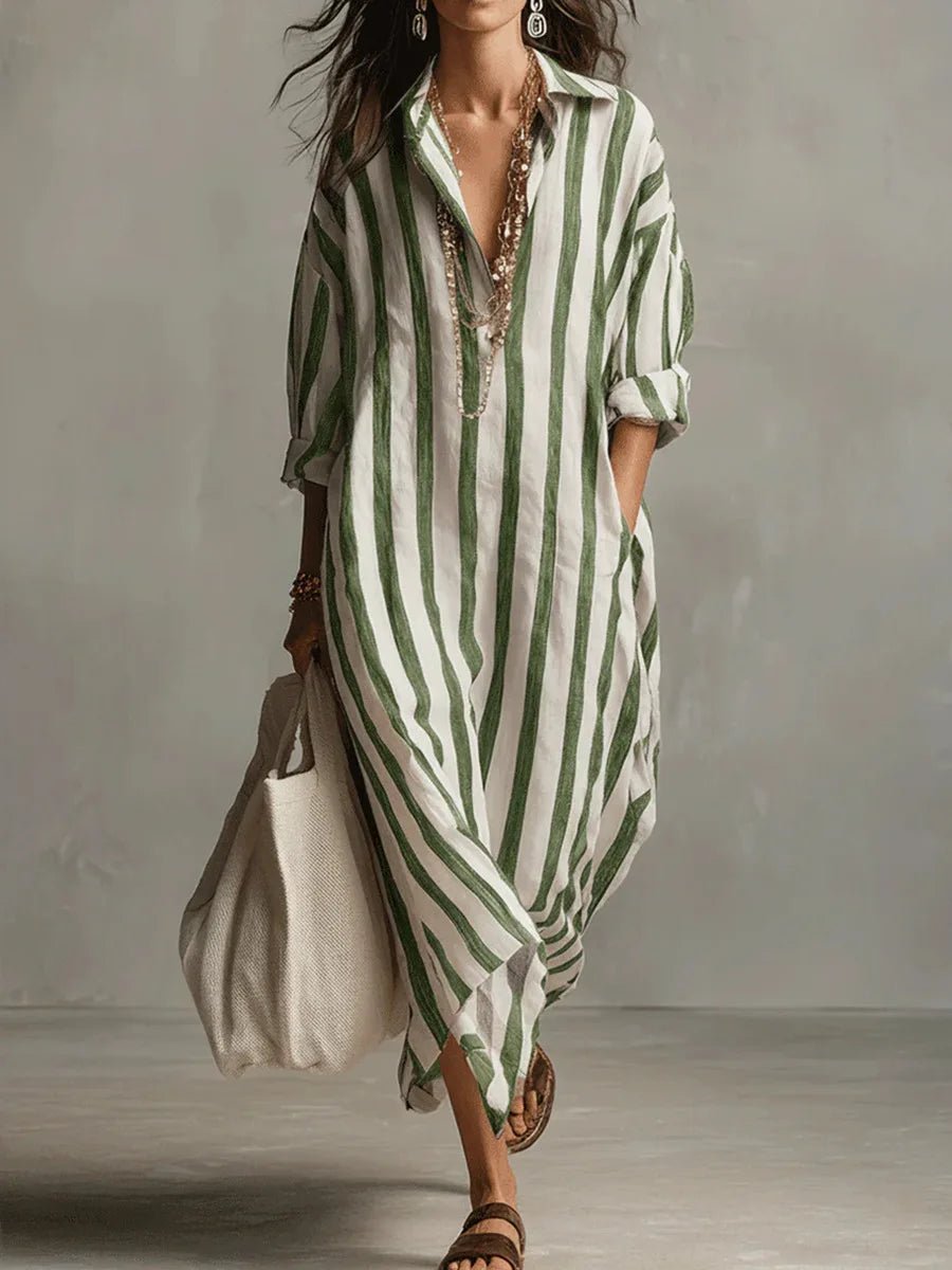 Women's Oversized Linen Striped Shirt Maxi Dress - Green