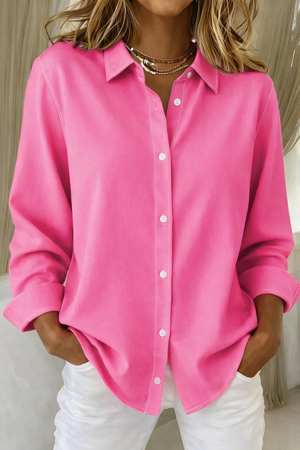 Women's Oversized Long-Sleeve Button-Down Collared Blouse - Fuchsia