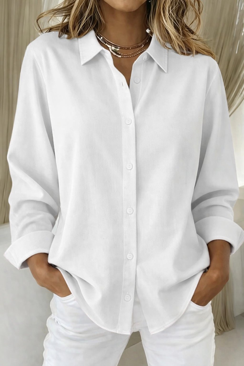 Women's Oversized Long-Sleeve Button-Down Collared Blouse - White