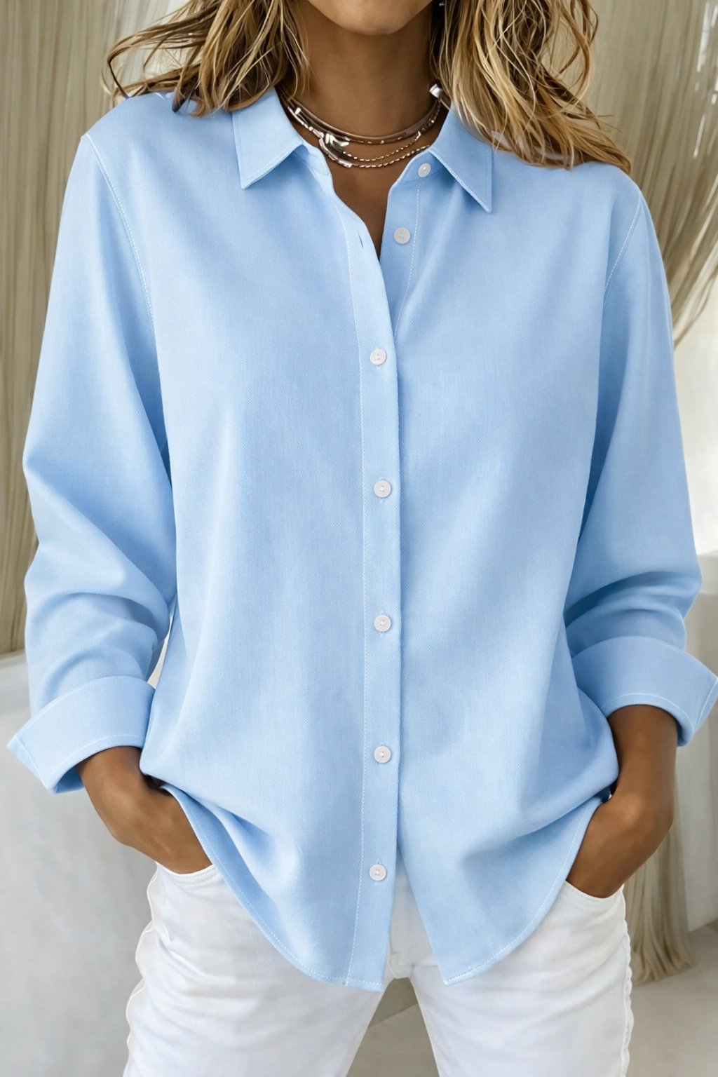 Women's Oversized Long-Sleeve Button-Down Collared Blouse - Blue