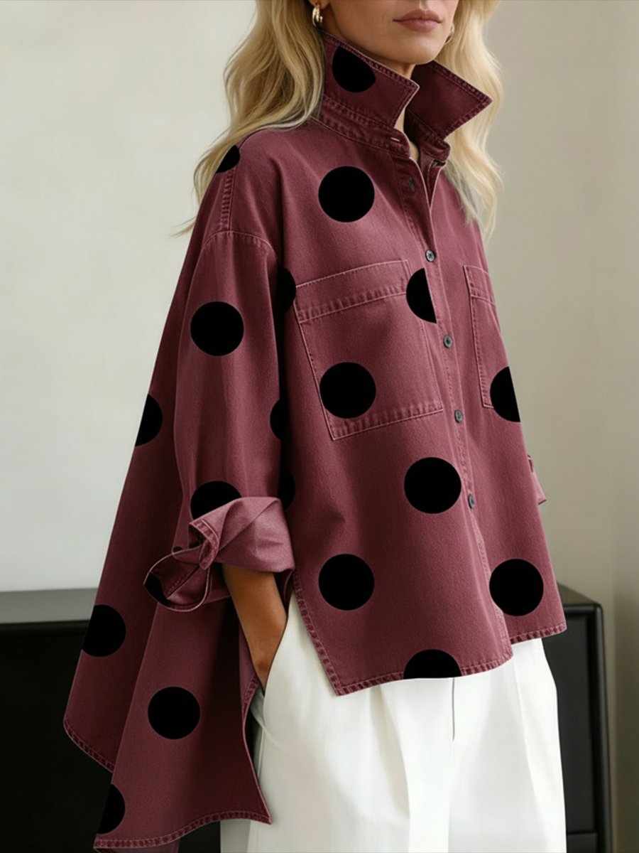 Women's Oversized Polka Dot Denim Button-Down Shirt - Red