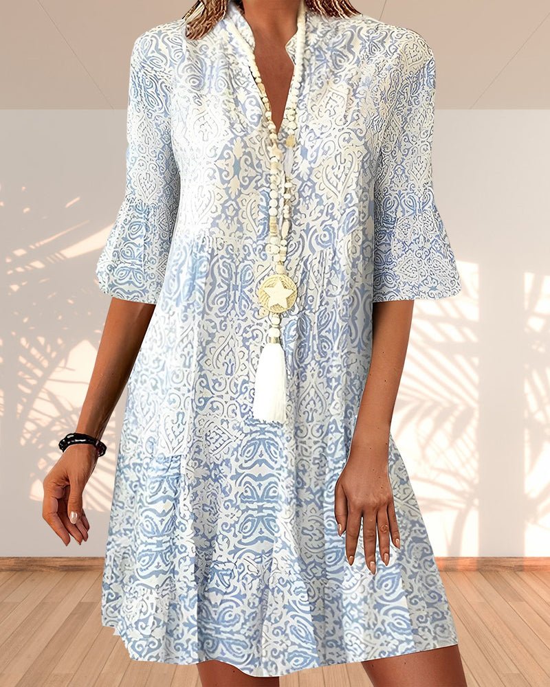 Women's Paisley Print V-Neck 3/4 Bell-Sleeve Relaxed-Fit Dress - Blue